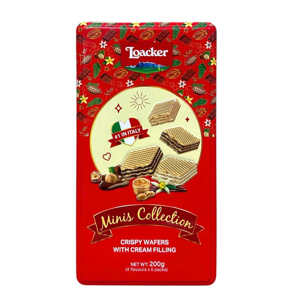 "Quy cách: Hộp thiếc Khối lượng tịnh: 200g Thương hiệu: Loacker"
