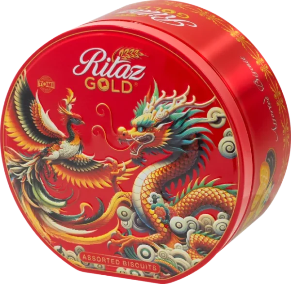 Bánh quy thập cẩm Ritaz Gold hộp thiếc tròn rồng phụng 105g - anfarm
